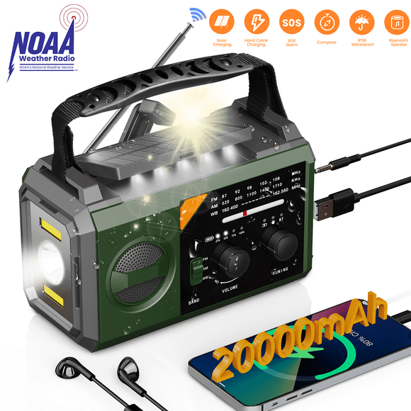 AUOSHI Radio Météo 20000mAh, Radio d'Urgence NOAA/AM/FM avec Charge Usb/solaire/manivelle, Lampe de Poche, Alarme SOS, Boussole, Batterie pour Préparation aux Ouragans