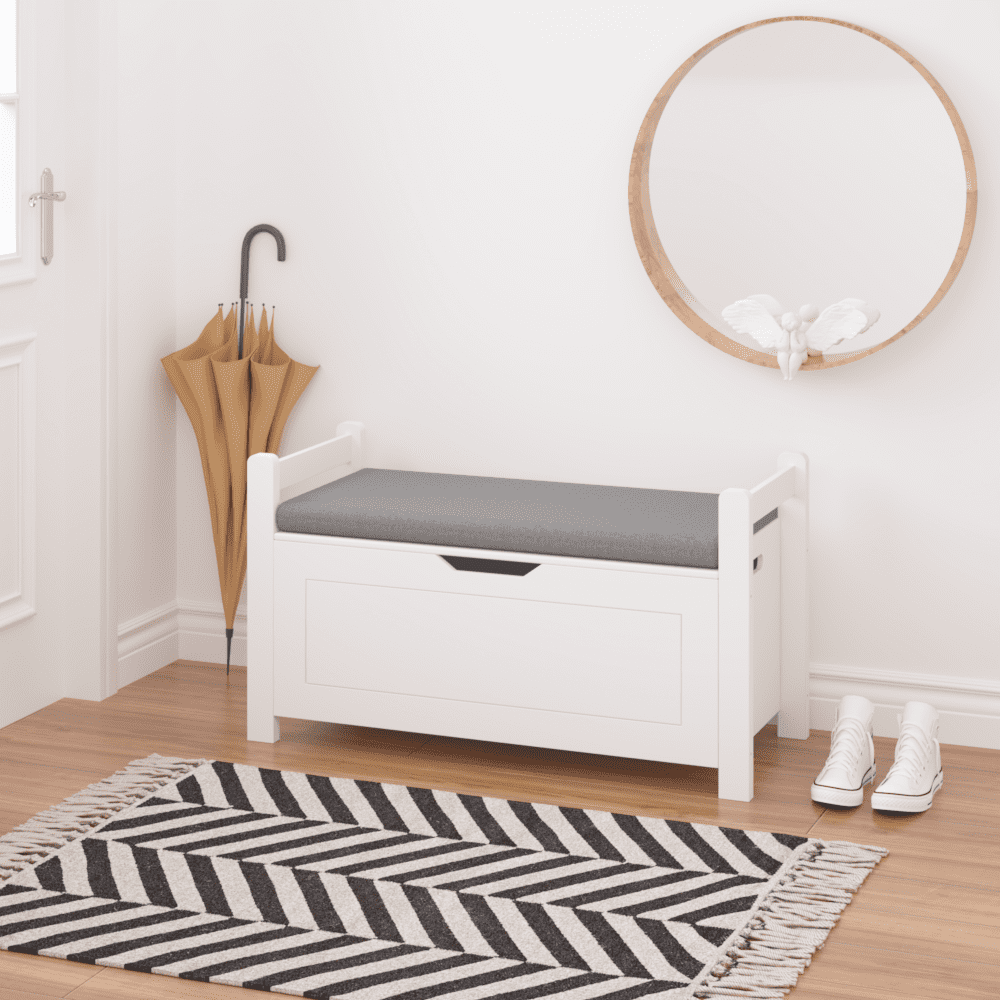 Tcbosik Kids Toy Box Chest, Wood Toy Storage Organizer for Girls Boys, 35" Storage Cabinet with Cushion, Storage Trunk with Flip-Top Lid and Safety Hinge for Nursery Playroom Bedroom, White