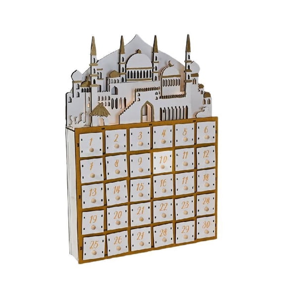SIEYIO Wood Eid Ramadans Countdown Calendar with LED Light and 30 Small Drawers for Muslims Festivals Party Table Decorations
