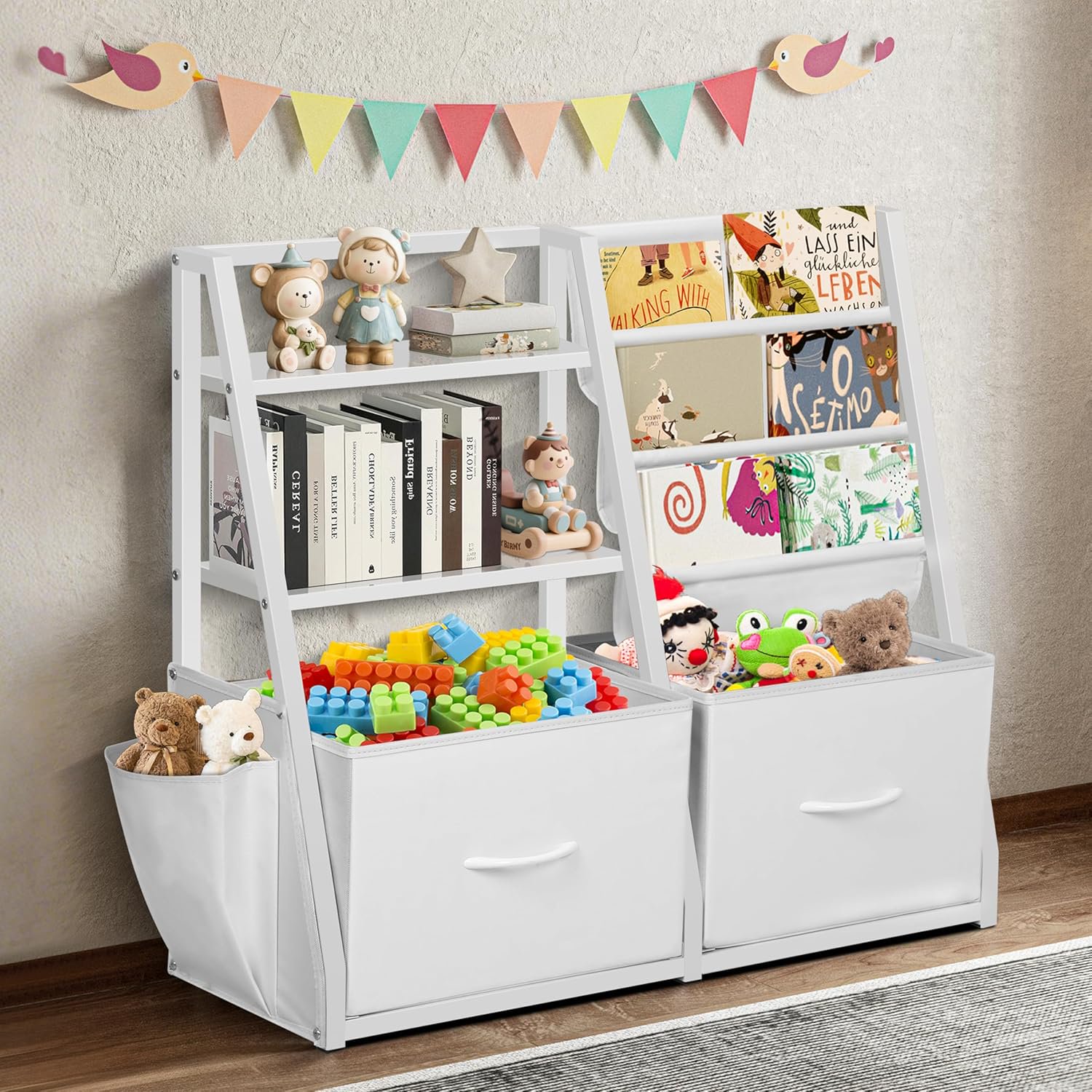 Kids Bookshelf and Toy Storage, Book Shelf for Kids Room, Toddler Montessori Bookshelf with 2 Drawers, Baby Book Shelf for Nursery, Toy Organizer, White
