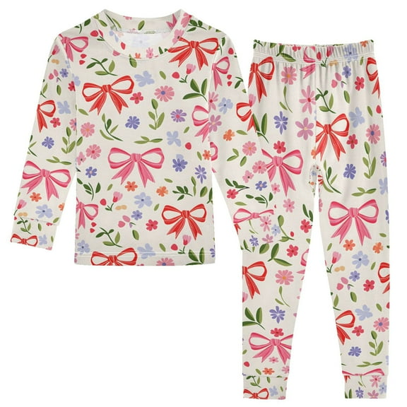 joogoo Bows and Floral 2 Piece Long Sleeve Tee and Pants Cotton Pajama Set 5Y