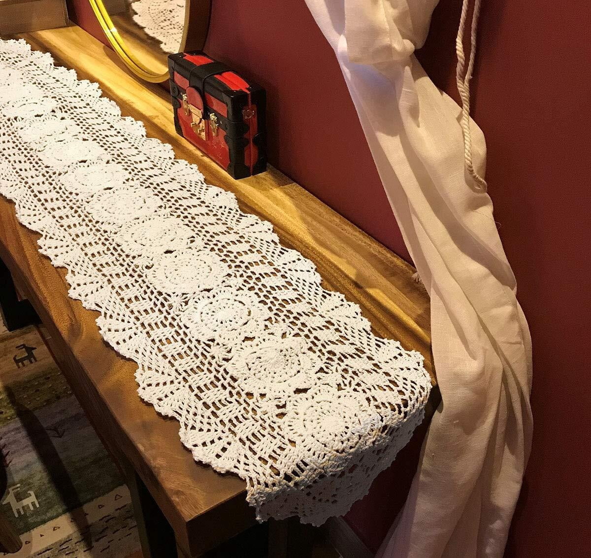 Handmade Crochet Cotton Table Runner Lace Doilies Doily Oval Dresser Scarves,11.8 by 35 Inches.