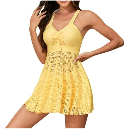 Summer Savings! Lovzfmll Bikini Swimsuit for Women  Fashion Women s Casual Sleeveless Lace Fold Solid Drawstring Bikini Swimsuit Swimwear Swimsuit Beachwear Yellow S