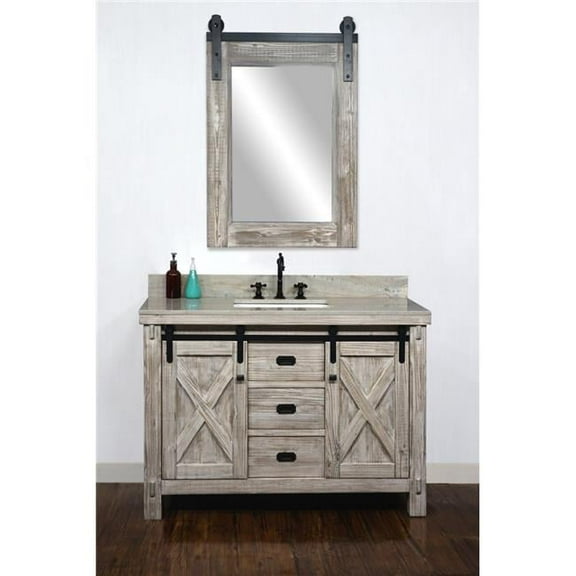 InFurniture WK8548-W-CS SQ TOP 48 in. Rustic Solid Fir Barn Door Style Single Sink Vanity in White Wash with Coastal Sands Marble Top with Rectangular Sink - No Faucet - 49 x 34.6 x 22 in.