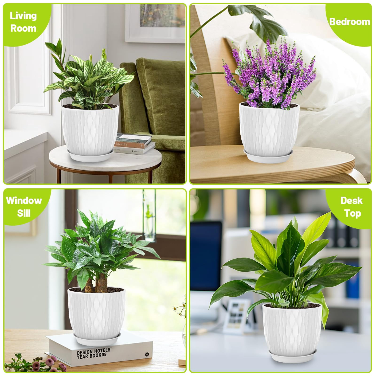 Set of 5 Plastic Plant Pots, 10 9 8 7.5 7 Inch Flower Planters with Drainage & Saucers, White