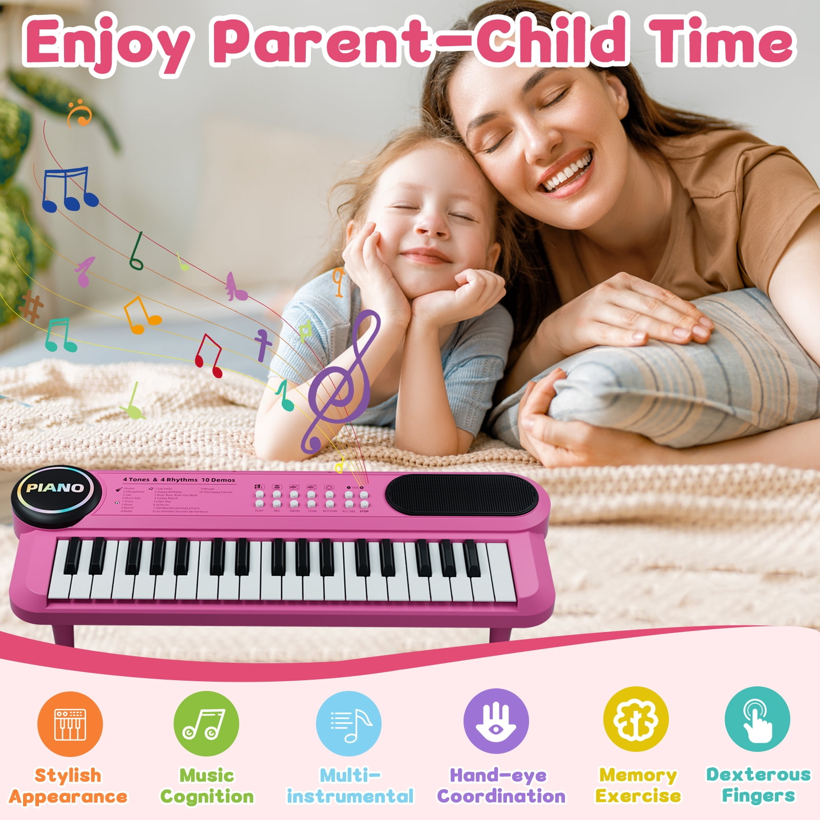 First Birthday Gifts for Girls, 37 Key Pink Piano Keyboard for Kids Toys for 12+ Months Olds Girls, Musical Piano with Microphone & Music Stand, Portable Electronic Instrument Gifts for Toddlers 1-3