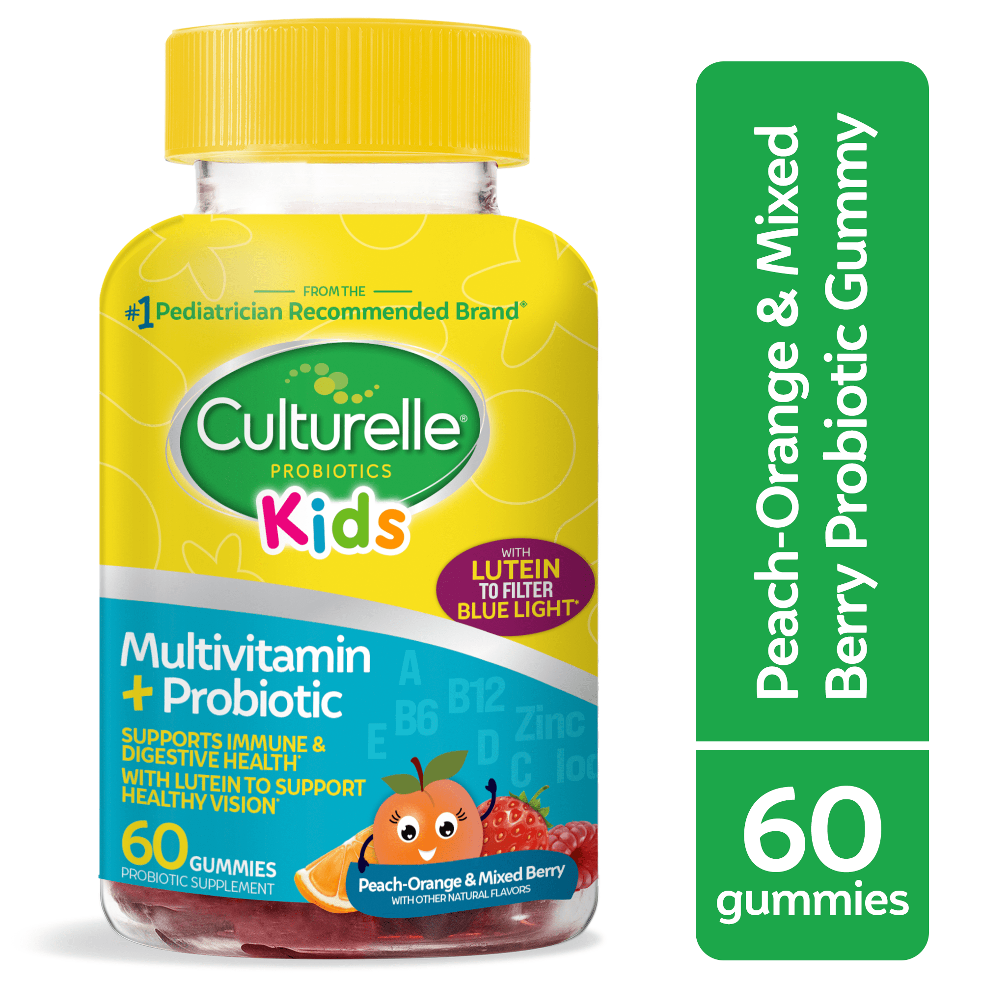 Culturelle Probiotics Kids Multivitamin + Probiotic Daily Gummies Supplement, Immunity & Digestion Support for Children, Made with Lutein, Peach-Orange & Mixed Berry Flavor, 60 Count