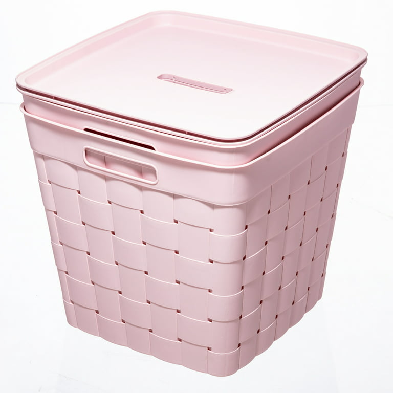 Your Zone Child and Teen Plastic Wide Weave Pink Stacking Storage Bin with Lid, 4 Pack, Size: Large
