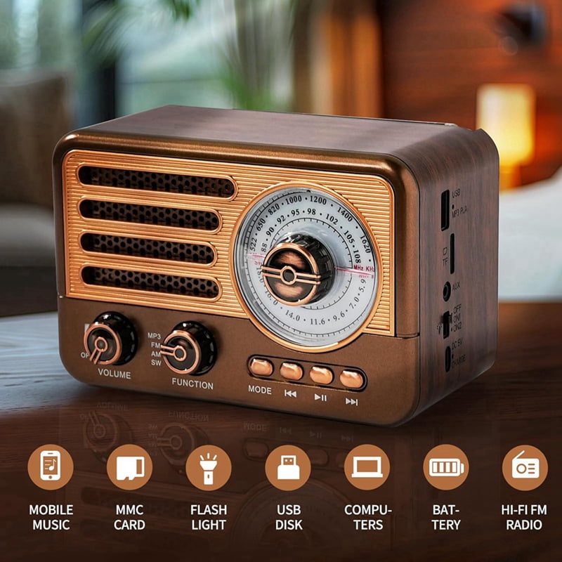Portable Retro Radio Mini FM/AM/SW Radio Receiver Vintage Bluetooth Speaker with LED F y9143