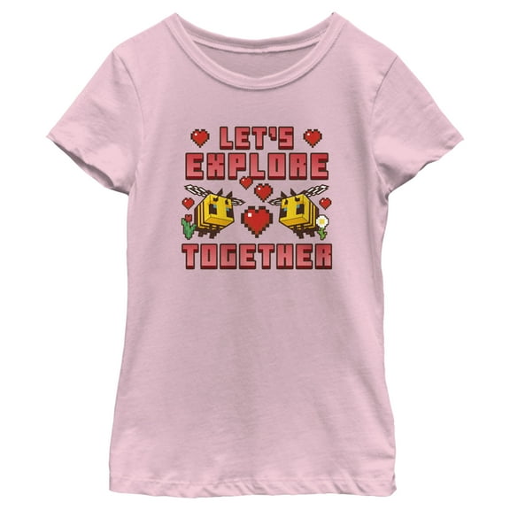 Girl's Minecraft Let's Explore Together Valentine Bee  Graphic Tee Light Pink Medium