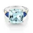 thumbnail image 2 of Gem Stone King 925 Silver and 10K Yellow Sky Blue Simulated Aquamarine and Blue Created Sapphire and Diamond Ring for Women (7.09 Cttw, 12MM Cushion and 5mm Trillion) (Size 5), 2 of 3