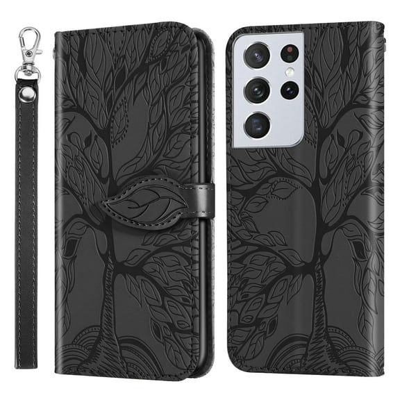 Classic Life Tree Pattern Case for SAMSUNG Galaxy S21 Ultra 5G 2021 (6.8 Inch) (SM-G998U) - Slim Fit Lightweight Flip Case with Strap & Card Holder, Protective Folio Stand Phone Cover (Black)