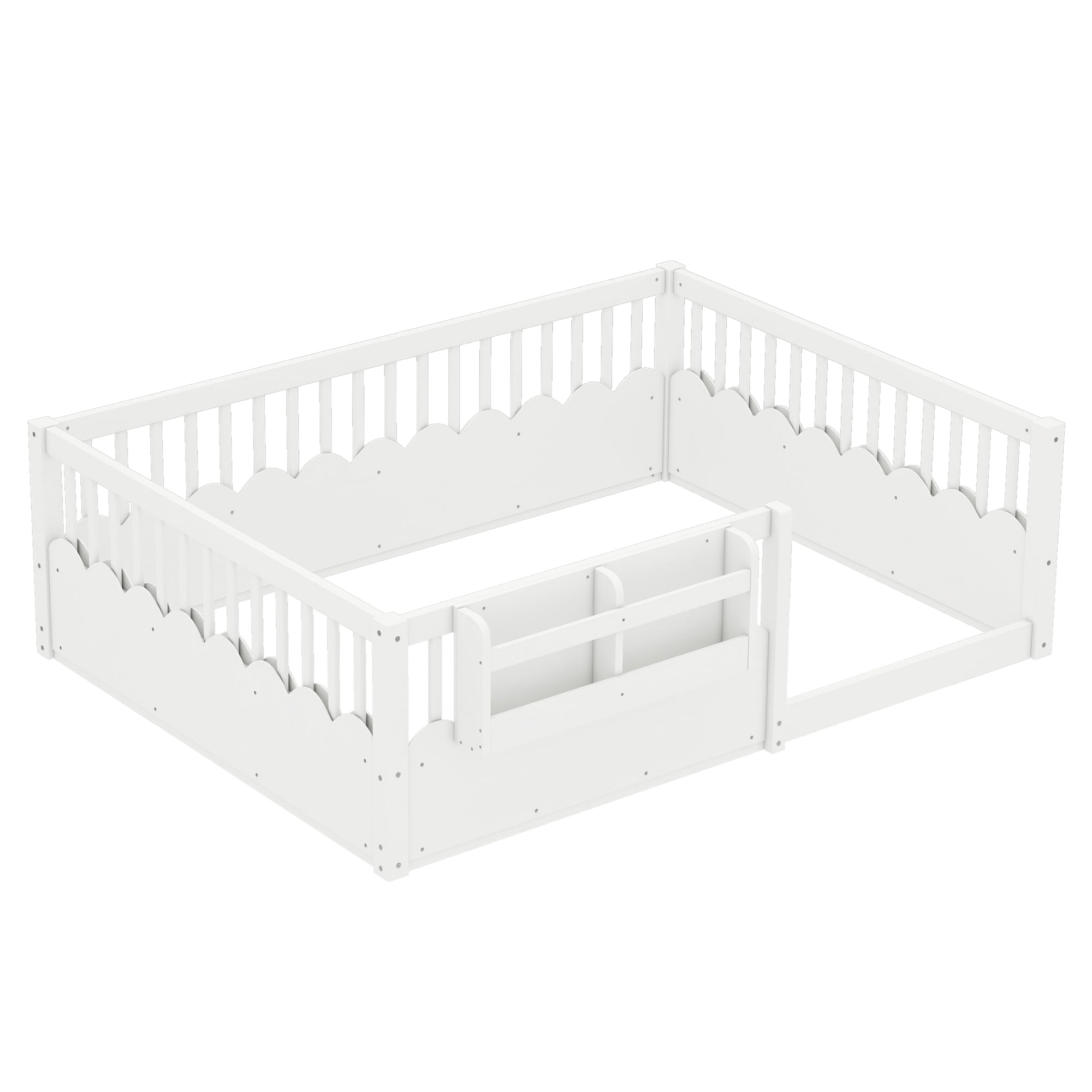 Mintazer Full Montessori Floor Bed with Bookshelf & Heightened Fence, Kids Wood Floor Bed for Boys and Girls, White