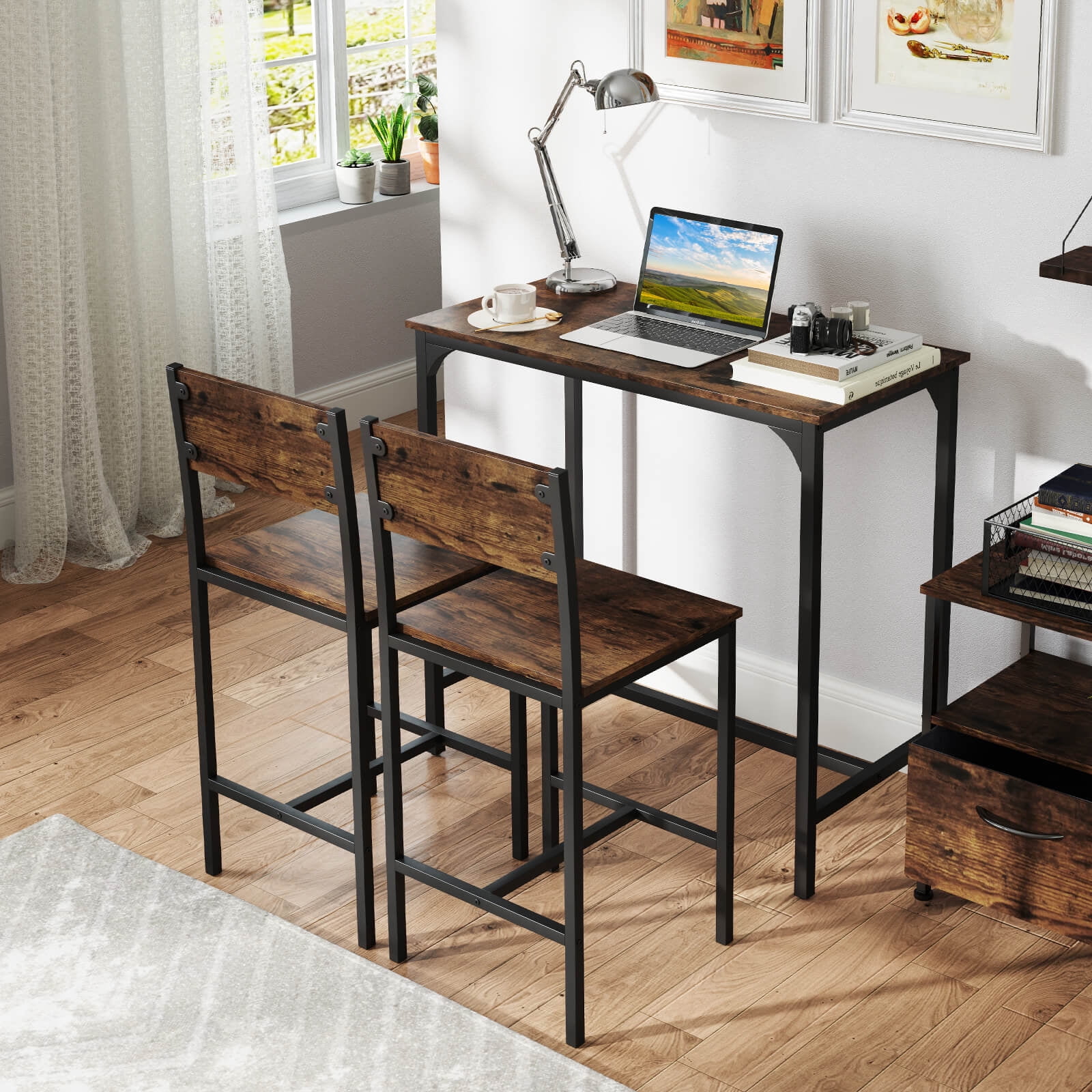 Costway 3 PCS Bar Table Set Pub Dining Table & 2 Bar Stools with Backrest & Footrest Brown