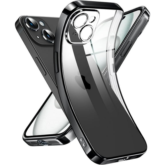 Crystal Clear Case for iPhone 15, [Not Yellowing] [Camera Protection] [Military Grade Drop Tested] Transparent Shockproof Protective Phone Case Soft Silicone Slim Cover, 6.1", Black