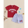 thumbnail image 3 of AceBaby 4th of July Outfit for Boys at 6M-4Y Letter Embroidery Short Sleeve Round Neck T-Shirt and Stripe Shorts 2Pcs Set, 3 of 9