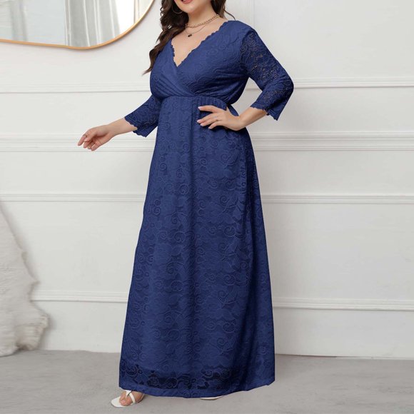 Meichang Long Sleeve Mother of the Bride Dresses Plus Size Floral Lace V Neck Wrap Maxi Dresses Solid Elegant Evening Party Gowns Prom Cocktail Dresses 2024 Summer Fashion