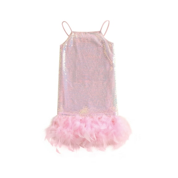 BemeyourBBs Little Girl Sequined Dress Sparkle Feather Hem Slim Cami Party Dress