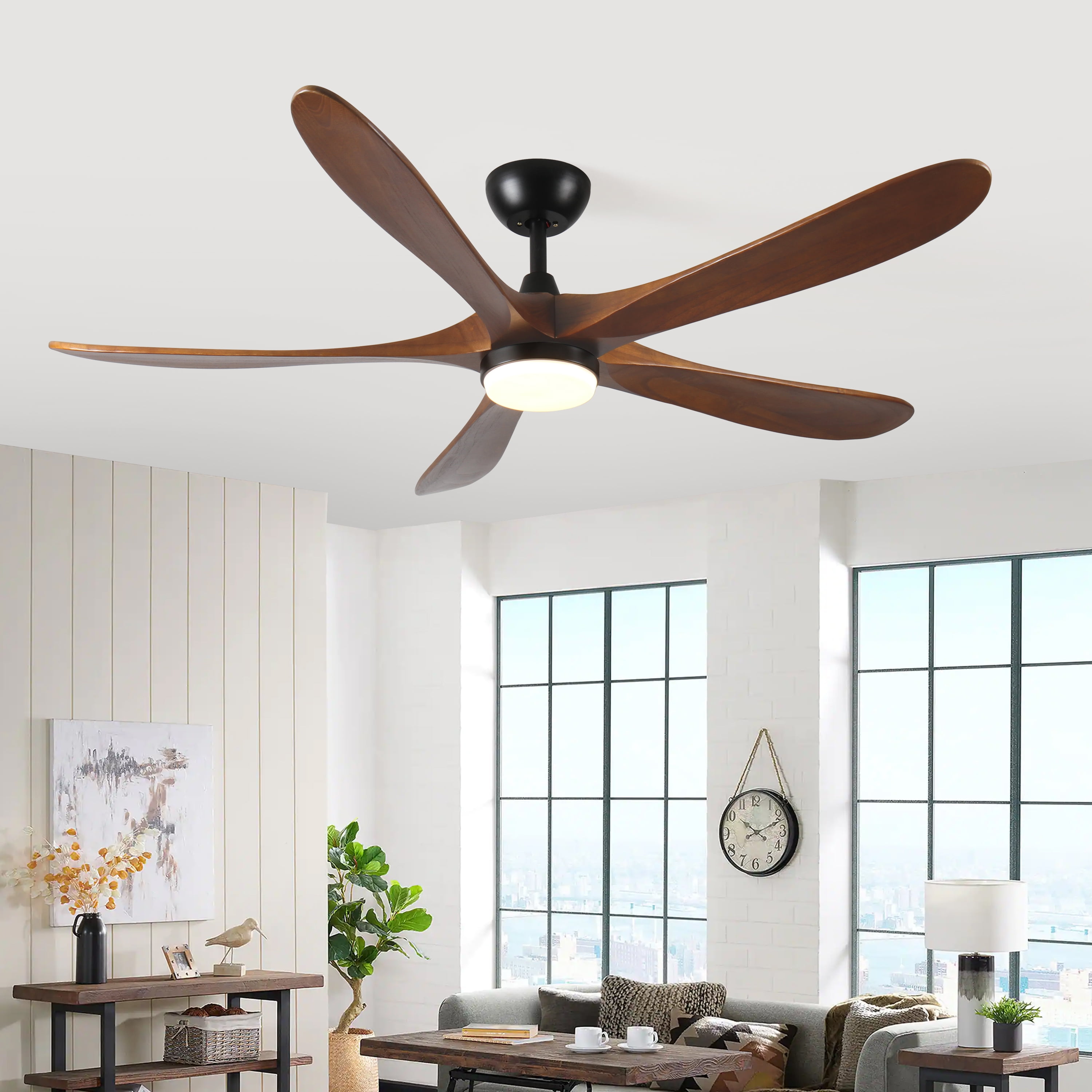Ceiling Fan with Lights, 62 Inch Solid Wood LED Remote Ceiling Fan for Patio Bedroom Farmhouse Household, Antique Brown