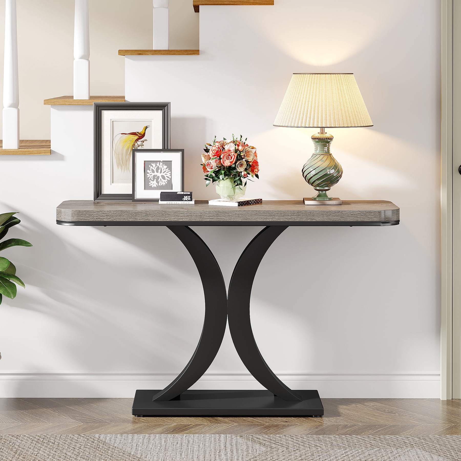 Tribesigns Industrial Console Tables, 40" Narrow sofa Entryway Tables with Geometric Base for Living Room, Hallway and Foyer,Gray and Black