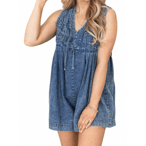 Mono Vaquero Corto con Cuello en V y Sin Mangas para Mujer, con Volantes y Lazo Frontal, con Bolsillo, Azul Oscuro, Talla XL
