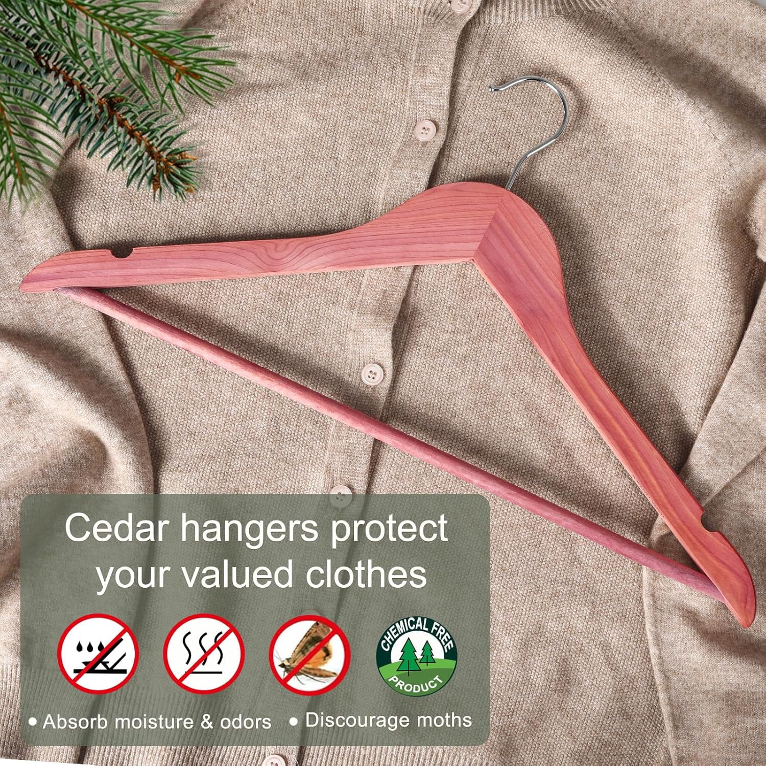 American Red Cedar Wooden Hangers, Clothes Hangers for Closet, Wood Coat Hanger with Smooth Cut Notches, 360°Flexible Hook, Non-Slip Pants Bar,10 Pack-CT07C