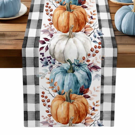 ERUNPONLY Fall Pumpkins Table Runner - 70 Inch Long Thanksgiving Leaves Vintage Check Farmhouse Cotton Linen Blended Dress Scarves Farmhouse Table Runner for Kitchen Dining, Coffee Table, 13" x 70"