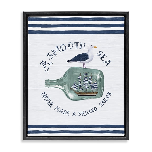 Stupell Industries Coastal Ship In Bottle Seagull Striped Nautical Phrase Black Floating Frame Canvas Art, 17 x 21, by Raquel Maciel