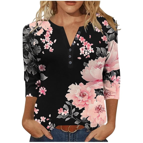 Qulqfy Scoop Neck T Shirts for Women 3/4 Length Sleeve Loose-Fitting Causal Floral Raglan Vacation Basics Workout Tops for Women L