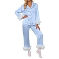 thumbnail image 2 of Women's Satin Pajamas Feather Trim Long Sleeve Button-Down Tops Pants Womens Two Piece Lounge Set Cute Womens Fall Pajamas, 2 of 5