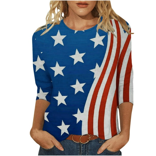 Ladies 4th of July Shirts, 3/4 Sleeve Tops for Women Crewneck Stars ...