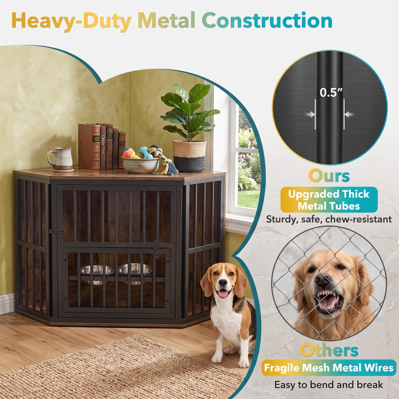 Vebreda Dog Crate Furniture, 35.5 inches Wooden Dog Kennel End Table with 3-Position Dog Bowl Rack, Space-Fit Corner Shape Design