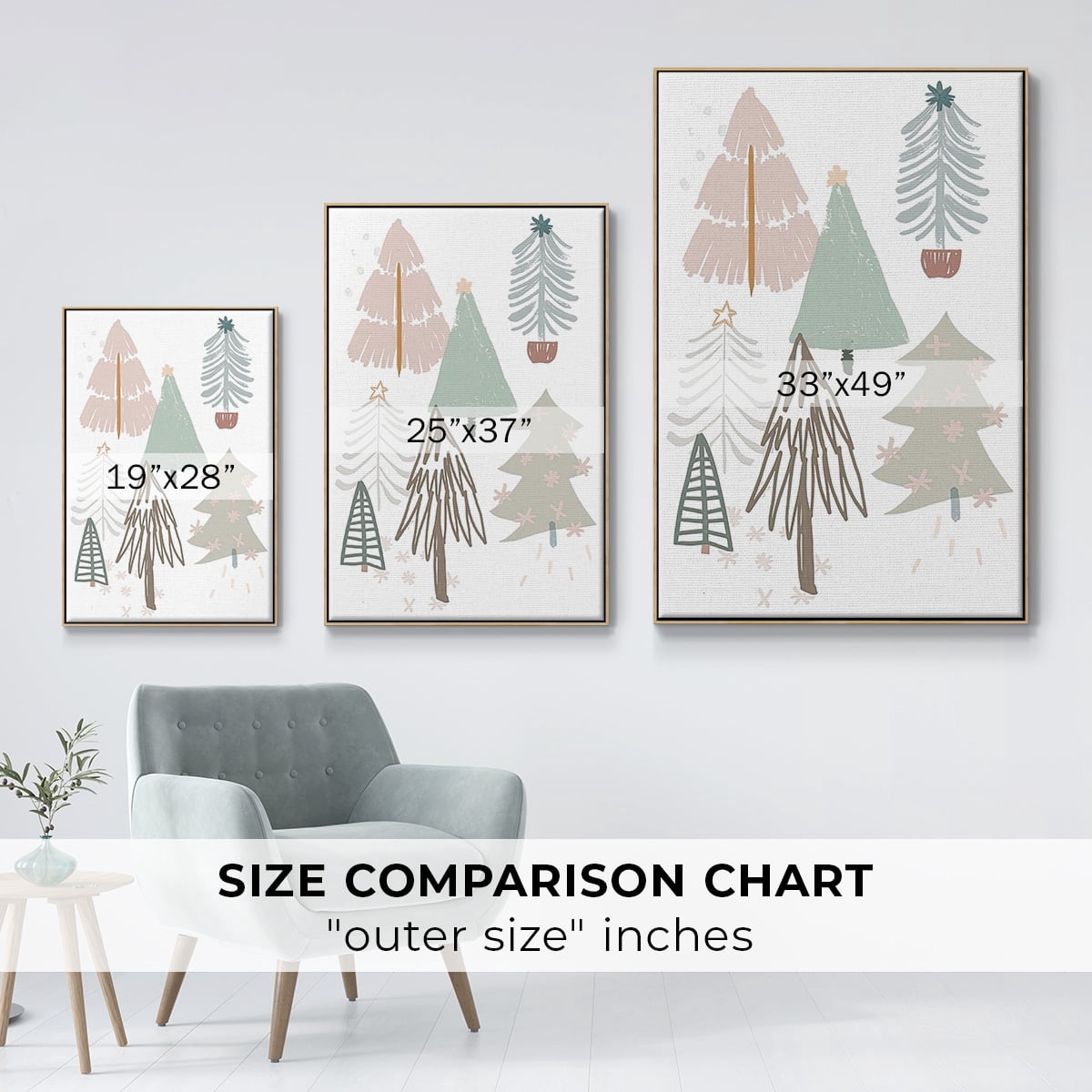 Christmas Tree Sketchbook Collection B - Framed Gallery Wrapped Holiday Canvas - 17 x 25 - Natural Wood Frame