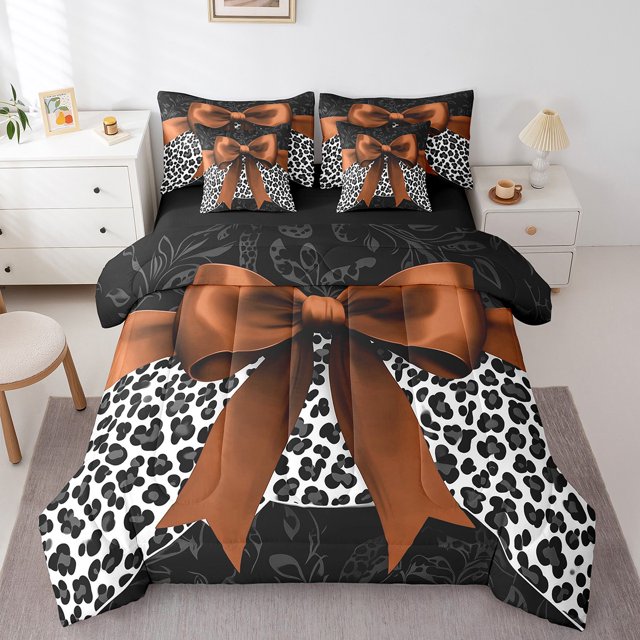 Erosebridal Literie pour Enfants avec Nœud, Taille Simple, Lit Marron en Sac, Taille Simple, Décor Imprimé Léopard Guépard, Réversible 7 Pcs