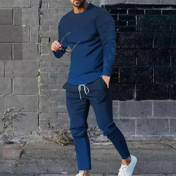 Wavsuf 2pcs Jogger Set Men Long Sweatsuits Sets for Mens Tight Shirt Sweatshirt and Sweatpants Dark Blue Size 2XL