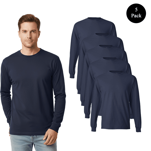 Hanes Mens Beefy-T Long Sleeve T-Shirt, Crew Neck Pre-shrunk Cotton Soft Blank Tee, Navy 5-Pack S