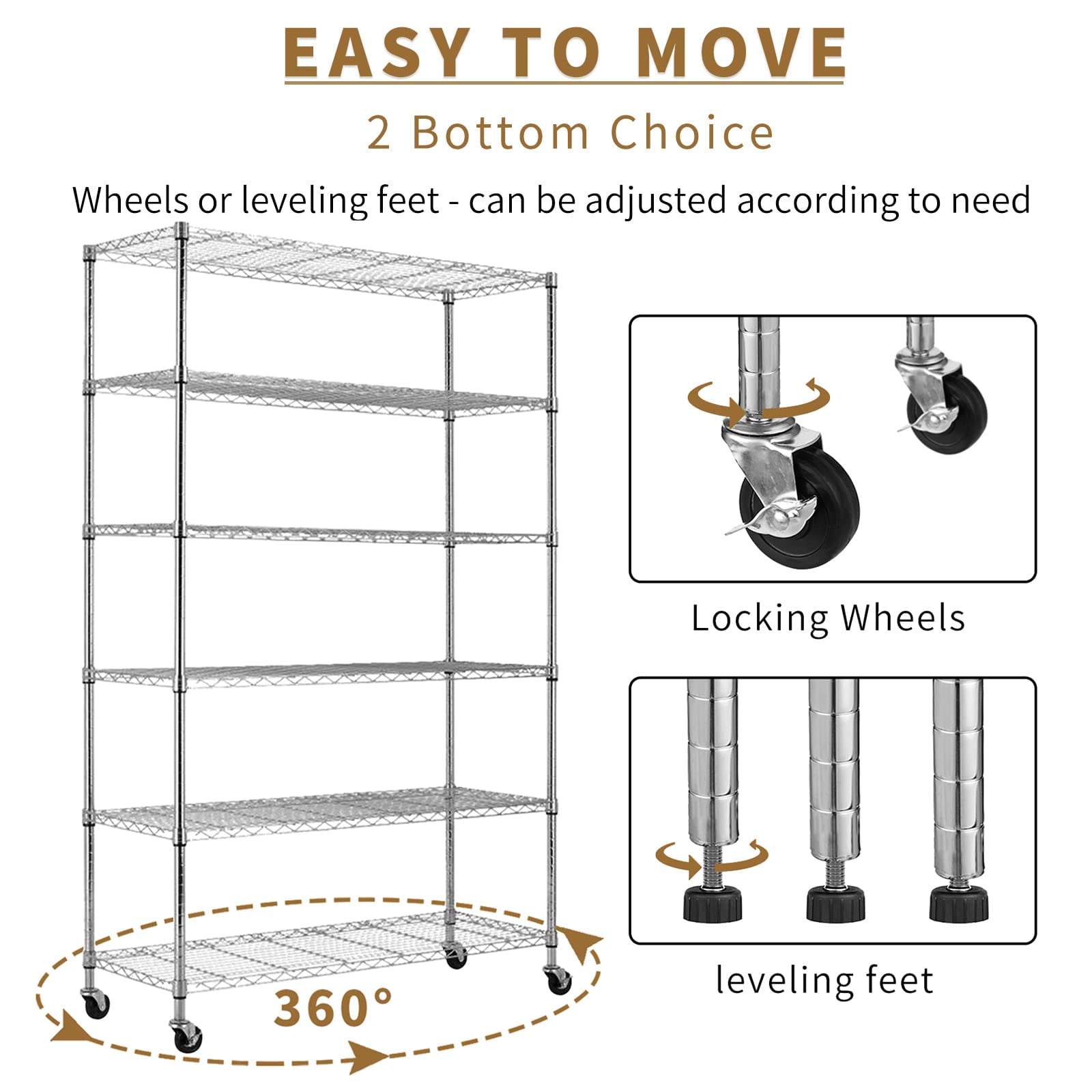 6-Tier Wire Shelving Unit 2100Lb Capacity Adjustable Storage Shelves Heavy Duty Storage Rack with Wheels NSF Metal Shelf for Closet Kitchen Garage Basement, 48" L x 18" W x 82" H, Chrome