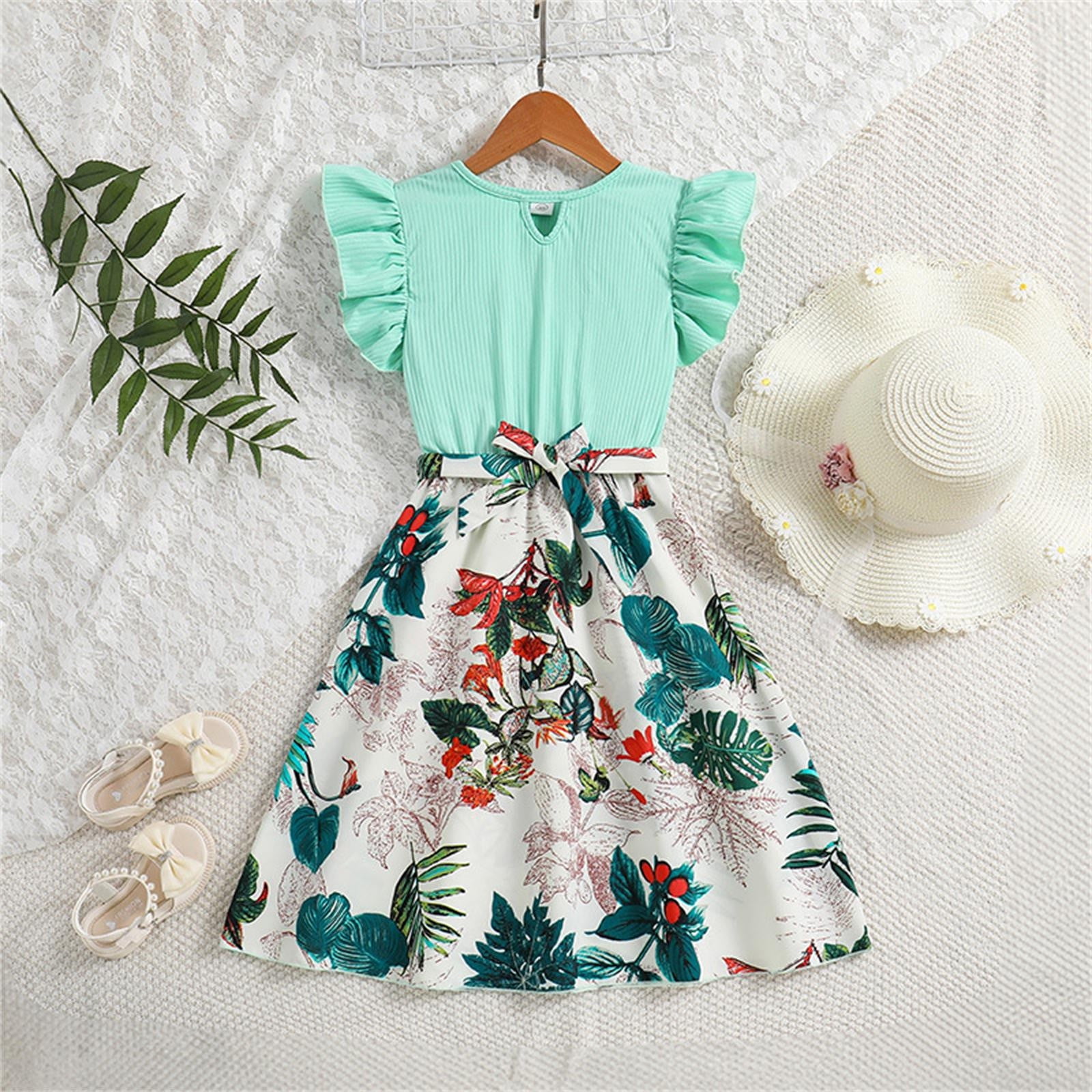 LUOGENLI Summer Dresses For Girls 12-14 Years Old Kid's Clothes 2024 Spring Summer Children's Clothing New Children's Clothing Lace Sleeve Printed Dress Dresses For Girls Size 6/7 8-9 Years
