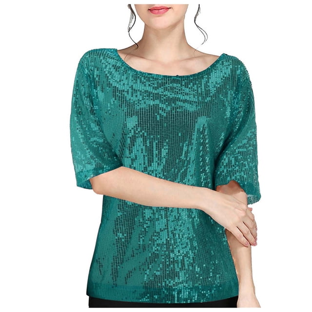 Hauts d'Été pour Femmes Décontracté Couleur Unie Paillettes Col Rond Manches Courtes T-Shirt Surdimensionné pour Femmes Vert Foncé L