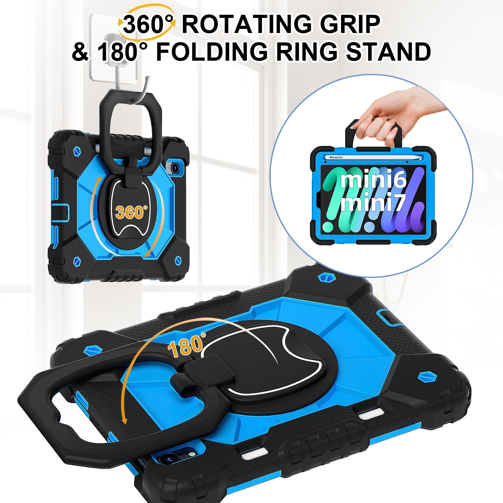 TECH CIRCLE for Apple iPad Air 13-inch (M2) Back Cover Case 2024 Release, Kids Portable Shockproof Case with Pencil Holder and Rotate Kickstand/Handle, Adjustable Shoulder Strap Included, Black Blue