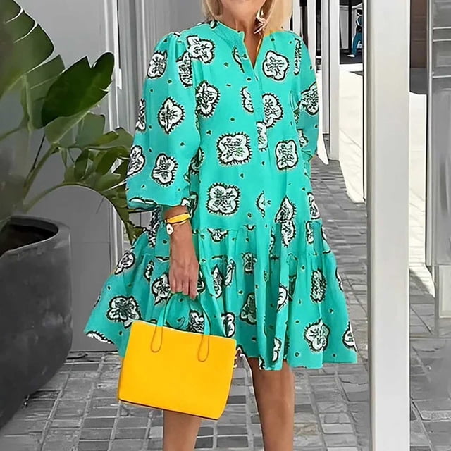 Robes pour Femmes 2023 Été Robes Femme Mode Tempérament Imprimé Manches Longues V-Cou Robe Confortable