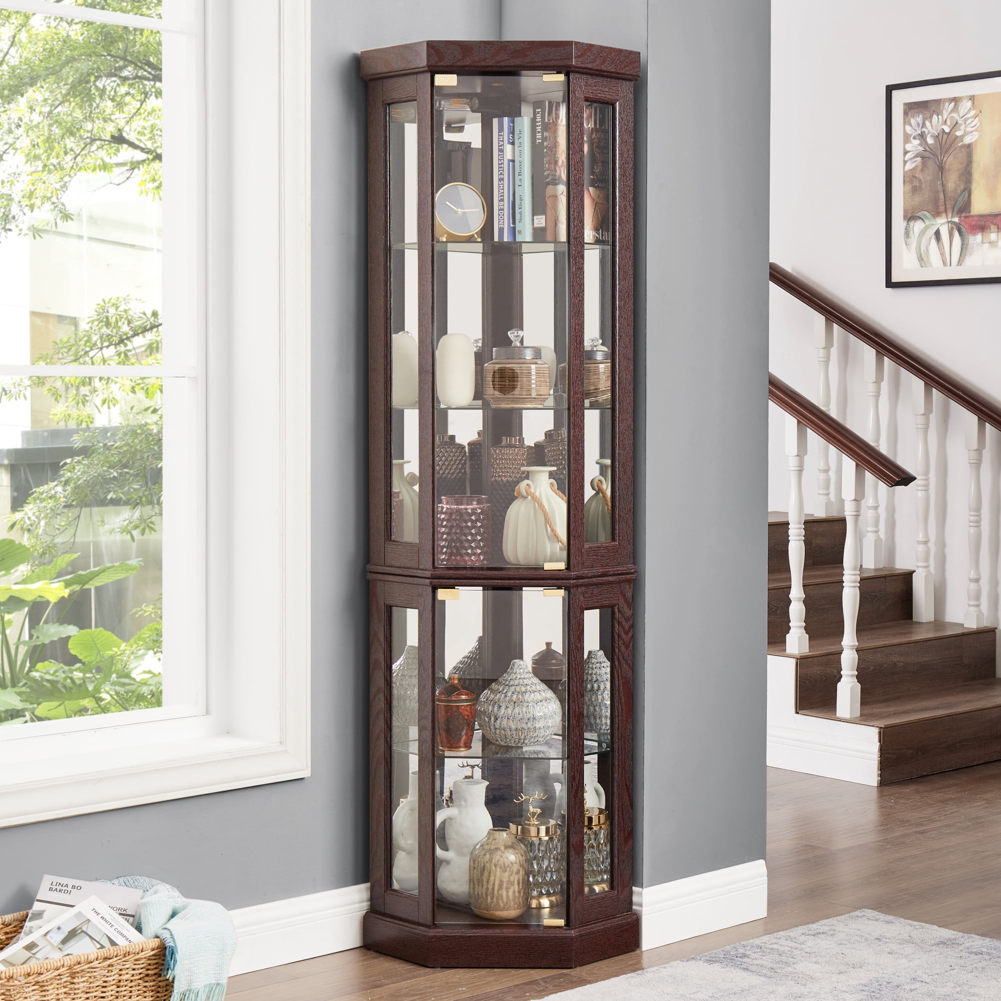 Leumius Corner Glass Cabinet Lighted Curio Cabinet Corner Display Case, Curio Cabinet, Antique collection, Wine, Bar Glass Storage Light Included for Living Room Cherry