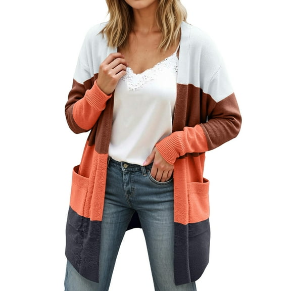 Cardigan Sweaters for Women with Pockets Long Sleeve Color Block Knit Jacket Outerwear Loose Fit Open Front Cozy Casual Work Sweaters for Women