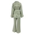 thumbnail image 3 of Biekopu Women Casual Homewear Pajamas Set, Long Sleeve Solid Color Lapel Tops+Loose Long Pants+Belt, 3 of 9