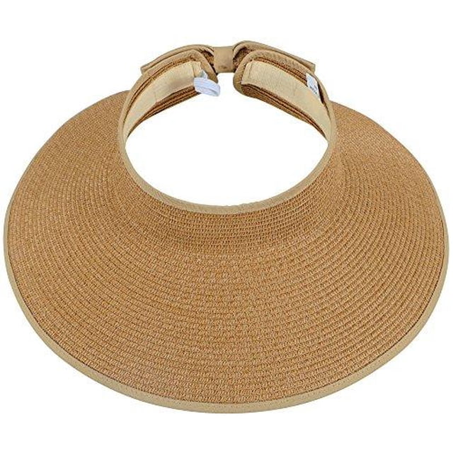 Chapeau de Soleil et Visière de Soleil à Grand Bord pour Femmes UPF 50+ à Enroulement, Couleur Naturelle, avec design Pliable, Fermeture Velcro et Bande Élastique pour Ajustement Ajustable. Fait de 100 % de Paille, le Chapeau a une Hauteur de 4,75 Po et un Bord de 2,25 Po, Idéal pour les Activités de Plein Air comme le golf, le Jardinage et les Sorties à la Plage.