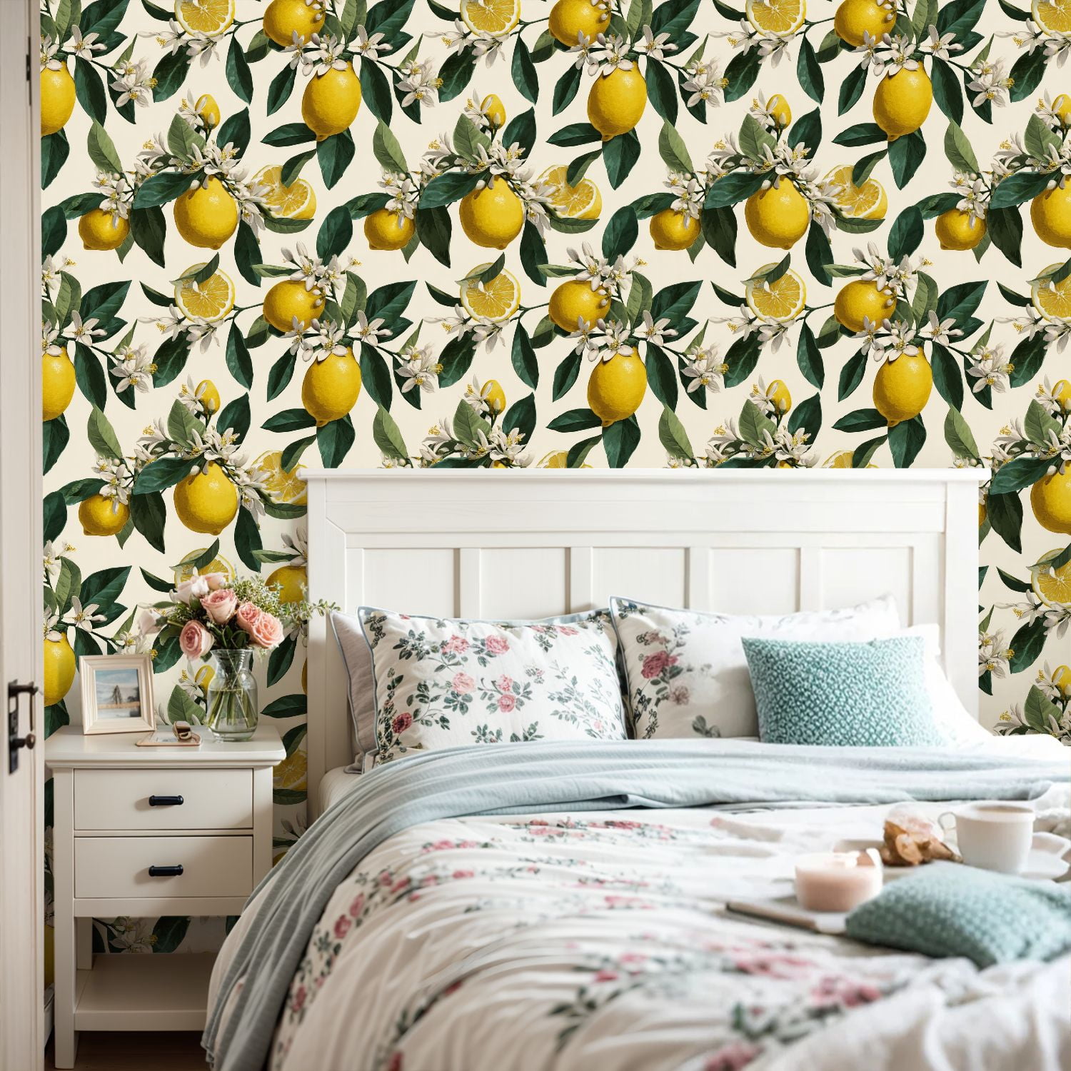 Peel and Stick Wallpaper Summer lemon branch flowers 24in x 118in Contact Paper Removable Self Adhesive Wall Mural Wall Decor for Bedroom Kitchen Cabinets