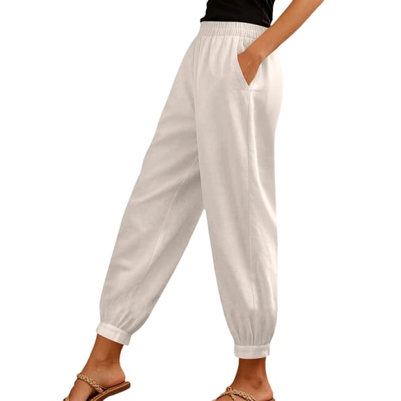 Women Linen Pants Summer Casual Gaucho Pants Drawstring Elastic Waist Wide Leg Slacks Loose Fitting Beach Attire White L