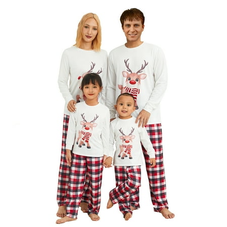 

wsevypo Matching Family Pajamas Sets Christmas PJ s Holiday Christmas Deer Printed Sleepwear with Plaid Pants