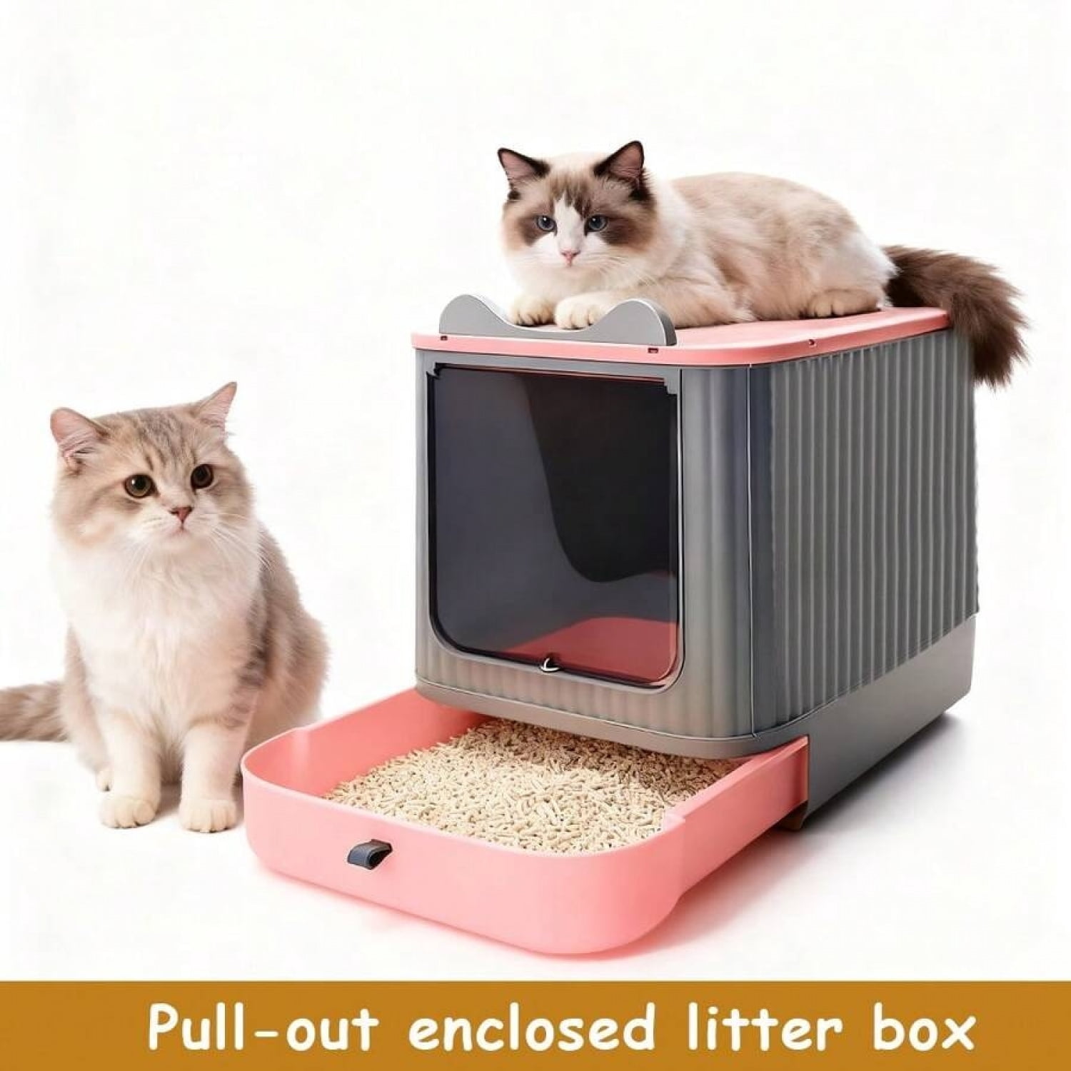 NTGFU Large Cat Litter Box Enclosed, 4-In-1 Top Entry & Front Pull Drawer with Odor Control Carbon Bags & Scoop,for Multiple Cats (Fits Up To 44 Lbs), Easy Clean Modern Pet House - Pink