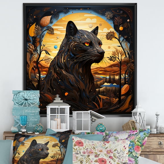 Designart "Majestic Black Panther In Moonlight I" Animals Panther Floater Framed Canvas Wall Art